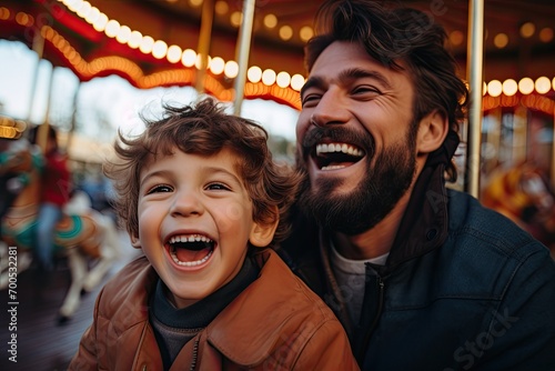 Father and son having good time in amusement park
