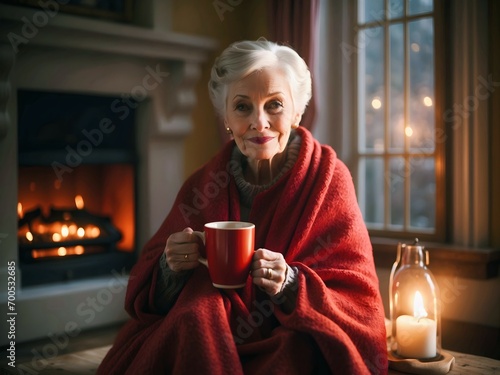 Obraz na płótnie Elderly elegant woman drinking tea wrapped in cosy blanket by the fireplace, people background, template w salonie
