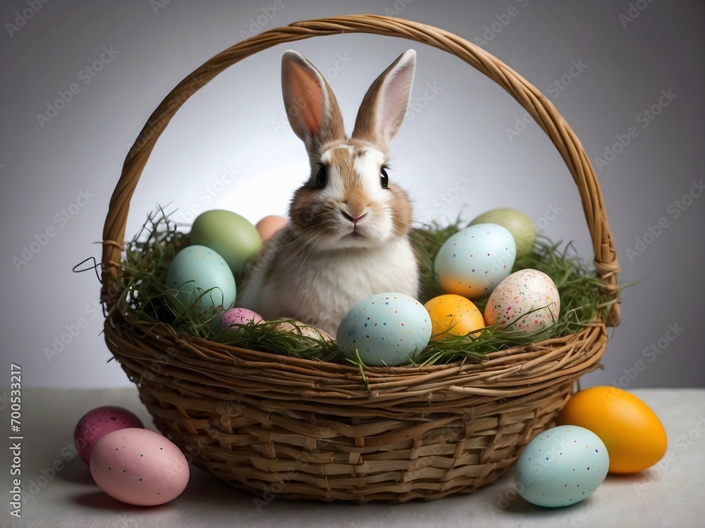 Happy Easter background with easter eggs and cute bunny, festive seasonal template, banner, copy space text Happy Easter background with easter eggs and cute bunny, festive seasonal template, banner, copy space text