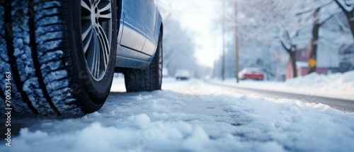 Close-up Side view of a car with a Winter tires on Snowy road. Tires on snowy highway detail. Space for text. Drive Safe Concept on Winter or spring holidays adventures. Generative ai