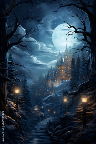Halloween night landscape with spooky spooky forest and full moon