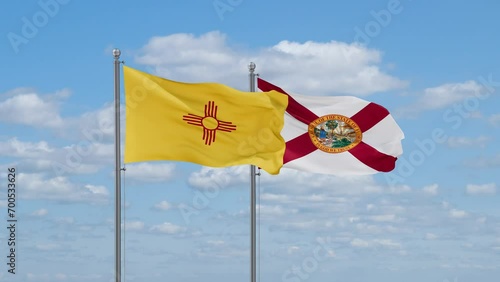 Florida and New Mexico US state flags waving together on cloudy sky, endless seamless loop photo