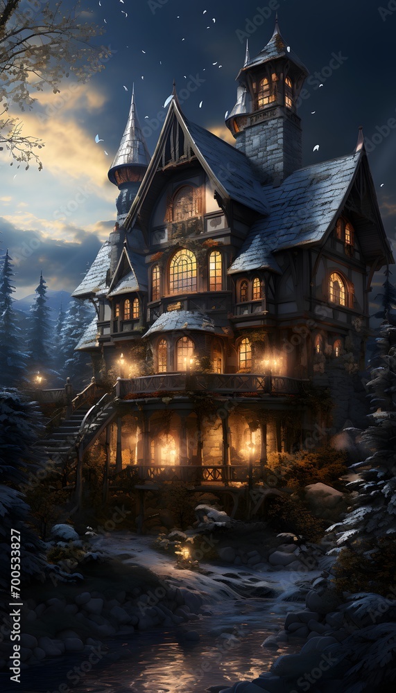 Halloween background - haunted house in the forest at night with full moon
