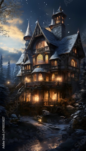 Halloween background - haunted house in the forest at night with full moon © Michelle