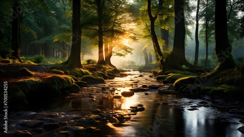 Panoramic view of a river flowing through a forest at sunrise