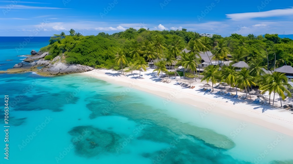 Aerial panoramic view of beautiful tropical beach with white sand, turquoise water and palm trees.