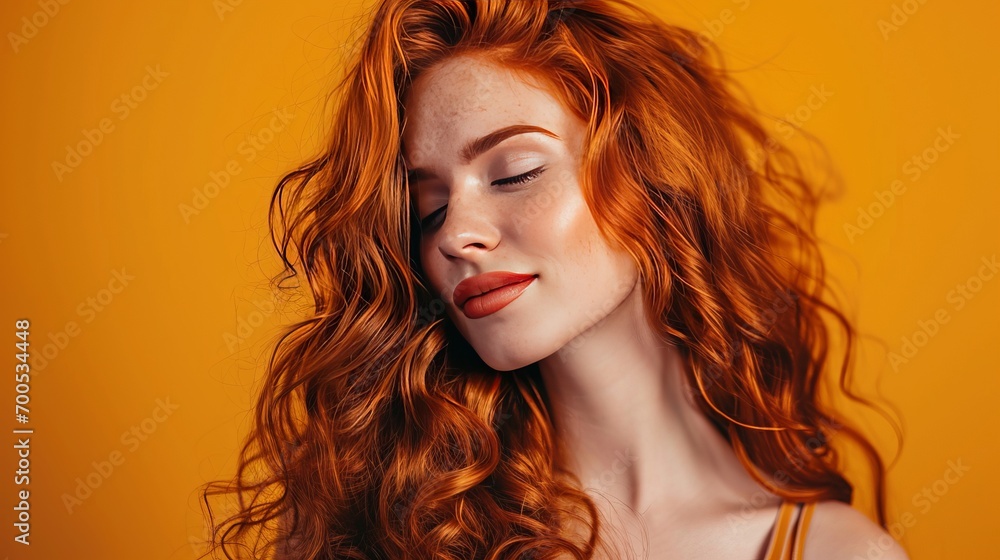 Fototapeta premium Close-up portrait of a young beautiful Caucasian woman with long ginger wavy hair. Attractive female model with perfect makeup and lush flowing hair. Isolated on yellow background.
