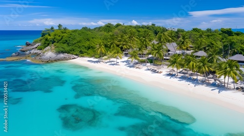 Aerial panoramic view of beautiful tropical beach with white sand, turquoise water and palm trees. © Michelle