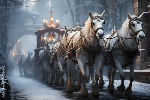 Carriage with horses on a snowy street in winter, Prague, Czech Republic