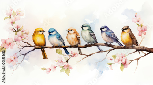 row of cute birds on branch watercolor illustration photo