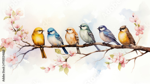 row of cute birds on branch watercolor illustration