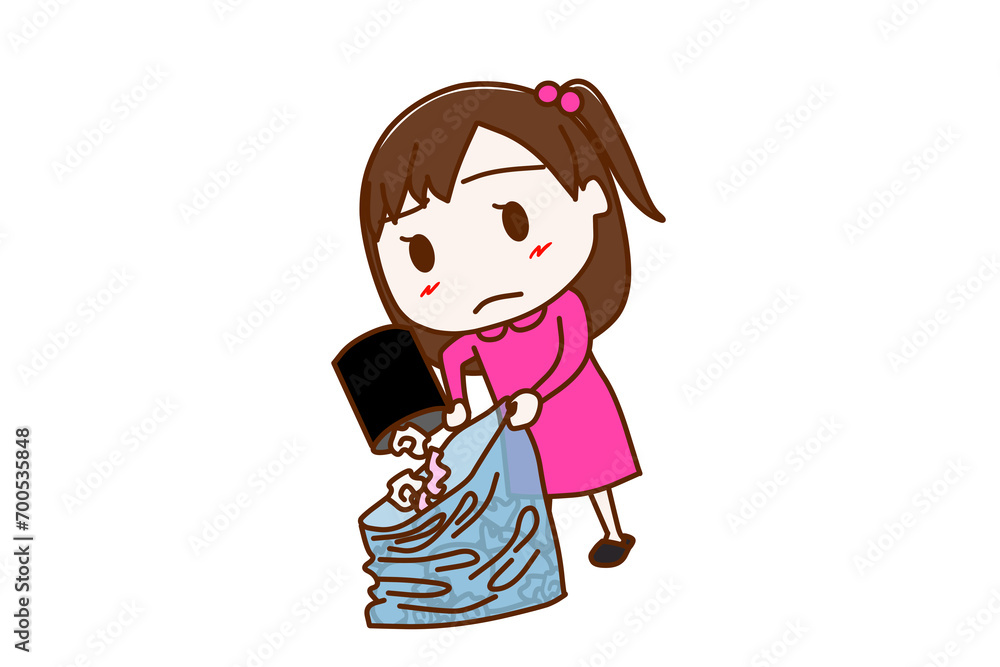 (全身斜め)名前の無い家事・ゴミ集めを不満気に嫌々する少女 (全身斜め)名前の無い家事・ゴミ集めを不満気に嫌々する少女
