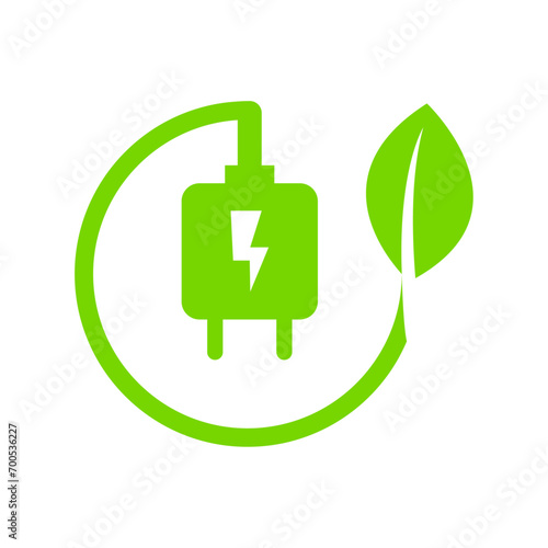 Flat Design Style Green plug energy icon. Green electricity eco power consumption. Plug and leaf for save energy technology. Ecology charging logo Vector illustration design on white background EPS 10