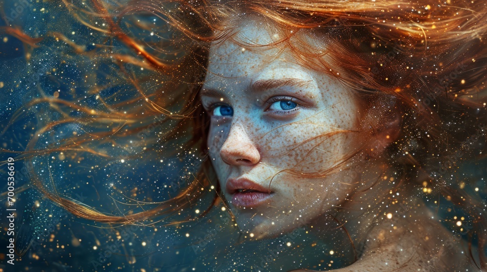 Portrait of a young redhead girl with elements of glowing particles and stars. Sparkling glitters on a face. Magic portrait
