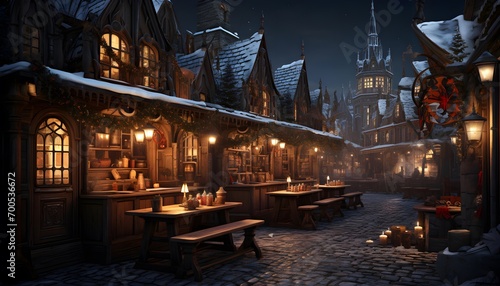 Winter night in old european city. 3D rendering.