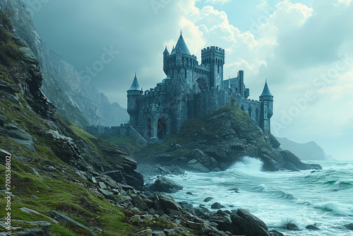 medieval castle on sea coast in storm time in autumn with gray clouds