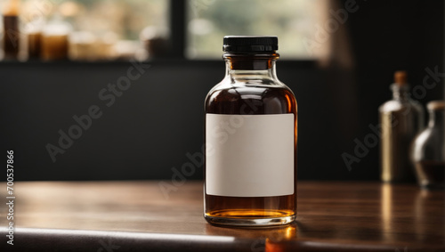 Bottle with blank label on table, closeup
