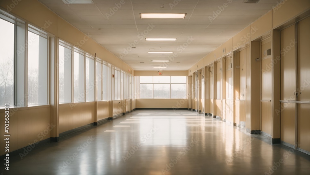 Interior of an empty hospital corridor with a view of the window