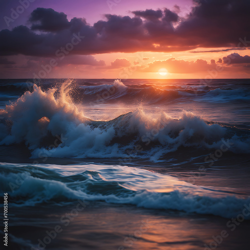 A breathtaking sunset over crashing ocean waves  casting a warm glow on the water in a sky of blue and purple clouds.
