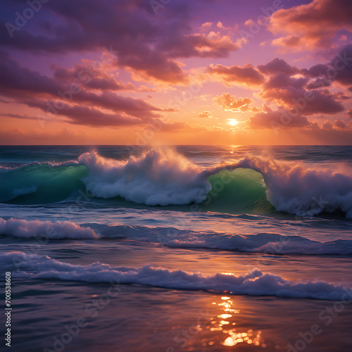 A breathtaking sunset over crashing ocean waves, casting a warm glow on the water in a sky of blue and purple clouds.