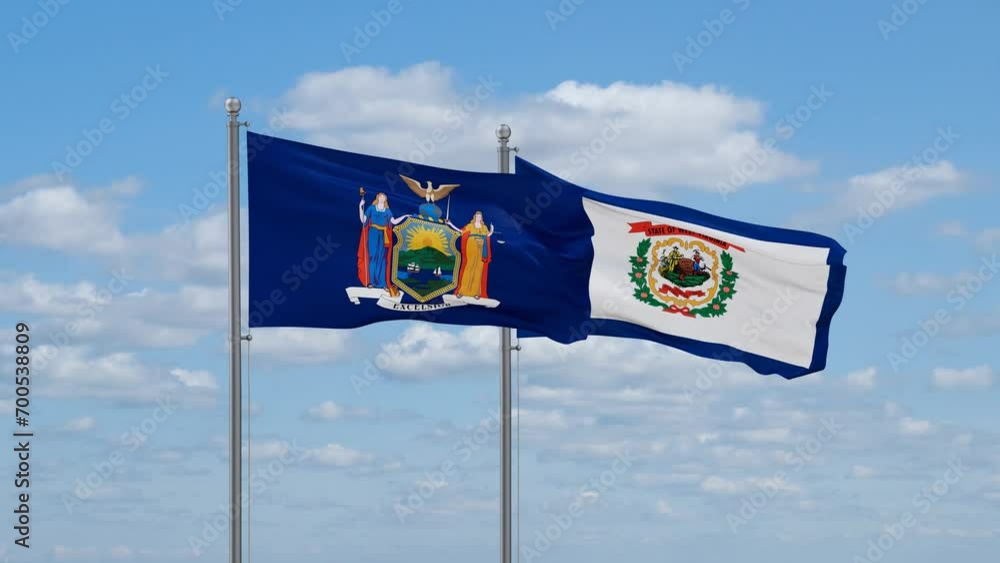 West Virginia and New York US state flags waving together on cloudy sky, endless seamless loop West Virginia and New York US state flags waving together on cloudy sky, endless seamless loop