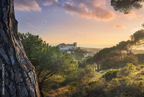 View from above of Rosignano Marittimo and the sea in the background. Tuscany, Italy photo