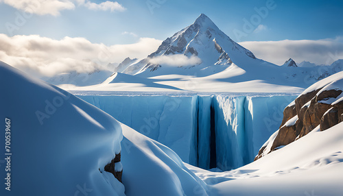 a large ice fissure surrounded by snow-covered mountains, with the deep blue sky visible above the crevice against the white backdrop photo