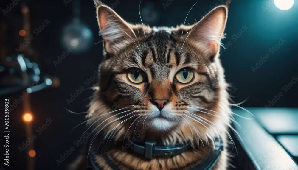 a close up of a cat sitting on top of a wooden table with a light on it's head and a keyboard in front of it's back. a close up of a cat sitting on top of a wooden table with a light on it's head and a keyboard in front of it's back.
