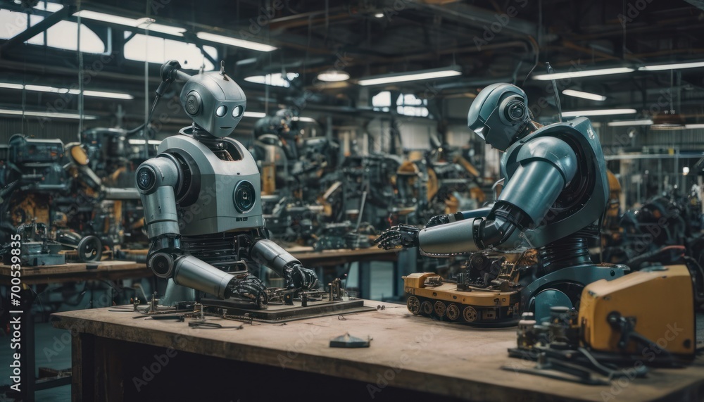 a couple of robots sitting on top of a wooden table in a room filled with lots of other machines and tools on top of a wooden table next to each other machines. a couple of robots sitting on top of a wooden table in a room filled with lots of other machines and tools on top of a wooden table next to each other machines.