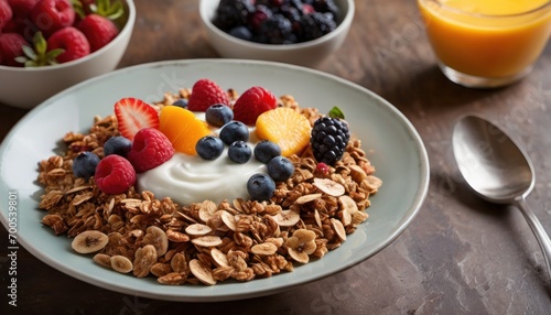  a bowl of granola with yogurt, berries, and oranges on a table next to a glass of orange juice and a bowl of strawberries.
