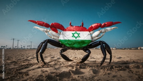 a large crab with a flag of the country of israel on it's back legs sitting in the sand of a beach with power lines and telephone poles in the background.