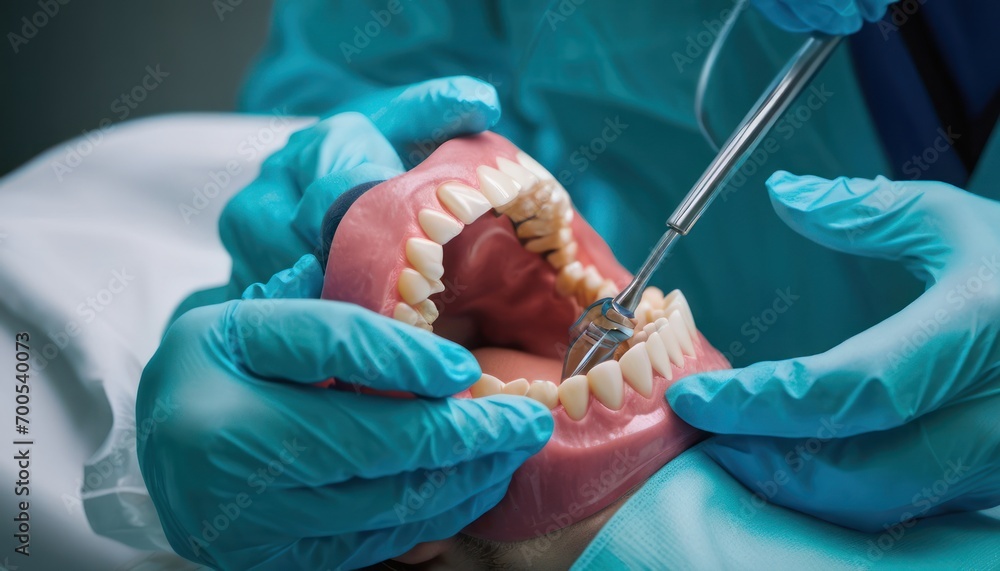 a close up of a person wearing blue gloves and holding a dental tool in their hand with a tooth in the middle of the mouth and a tooth in the middle of the other hand. a close up of a person wearing blue gloves and holding a dental tool in their hand with a tooth in the middle of the mouth and a tooth in the middle of the other hand.