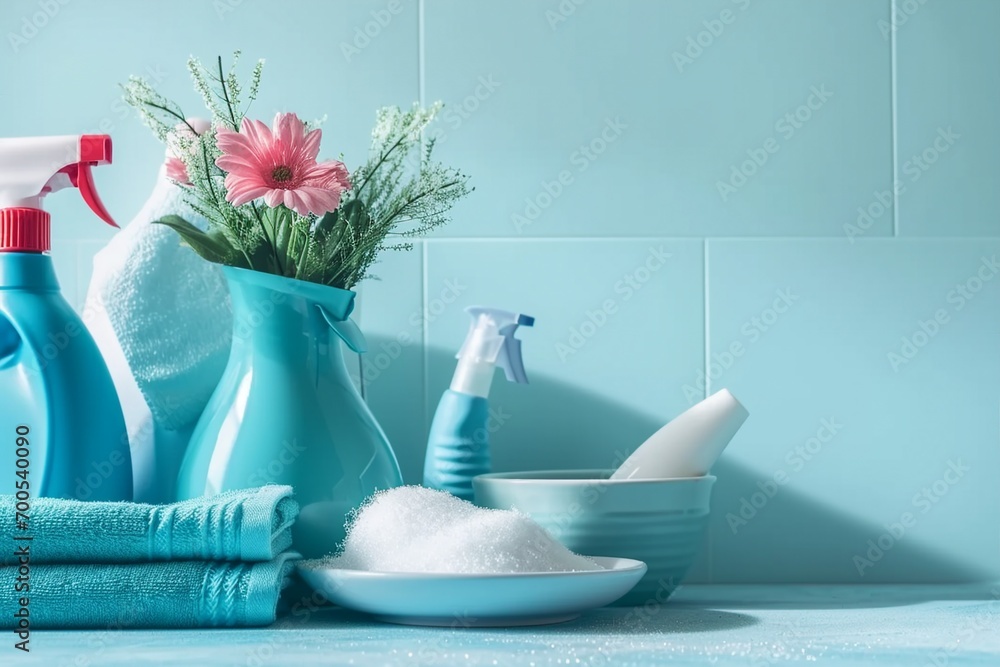 Cleaning set for different surfaces in kitchen, bathroom and other rooms. Empty place for text or logo on blue background. Cleaning service concept. Early spring regular clean up. generative ai.