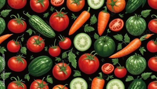  a bunch of tomatoes  cucumbers  carrots  and broccoli are depicted on a black background with green leaves and red tomatoes and green leaves.