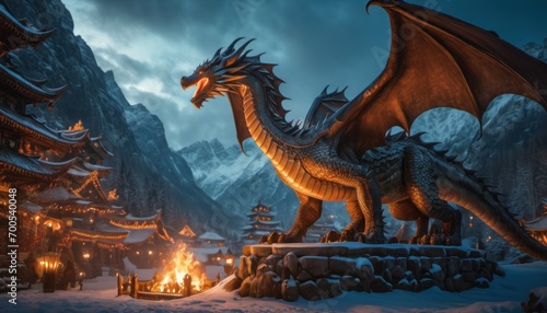  a dragon statue sitting on top of a pile of snow covered ground in front of a building with a fire in the middle of the ground and mountains in the background.
