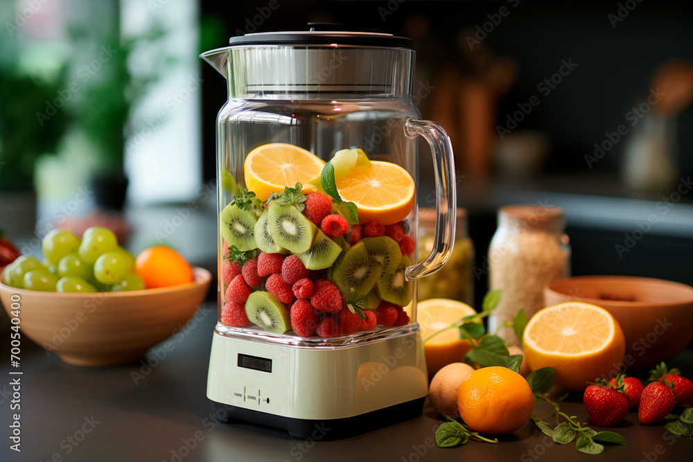 Modern blender with fresh fruits on table in kitchen. Fresh fruit and vegetables smoothie blended in blender, Modern blender with fresh fruits on table in kitchen. Fresh fruit and vegetables smoothie blended in blender,