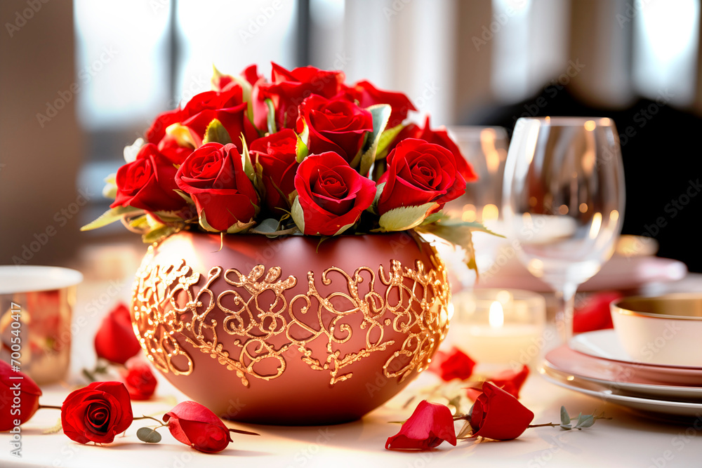 Valentines day table setting with red roses and champagne glasses ...