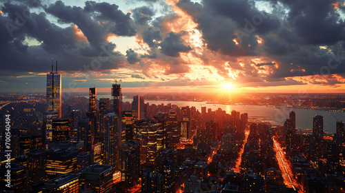 A breathtaking aerial view of a cityscape at sunset, with the skyline glowing under a vibrant, cloud-filled sky. photo