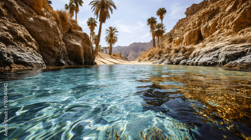 Stunning image of a tranquil oasis with clear water and palm trees tucked between rocky desert mountains.