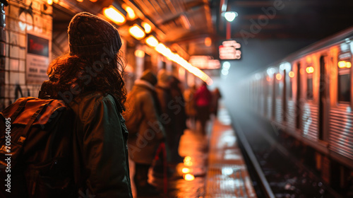 A woman with a backpack waiting at a subway station in the evening, with warm lights and a train arriving.