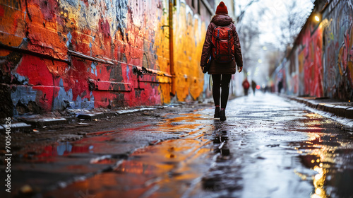 A lone adventurer walks through a colorful graffiti-covered alley, reflecting on wet pavement in the city. © apratim