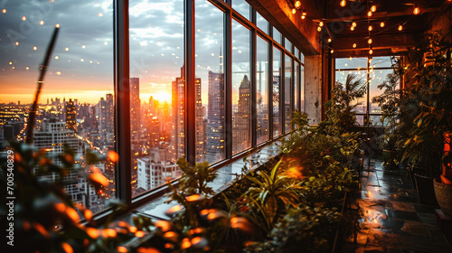 A cozy room with a stunning sunset view over the city skyline, complete with indoor plants and modern architecture.