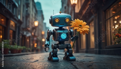  a robot with a flower in its hand on a street in front of a building with a light on and a street lamp in front of the building with lights.