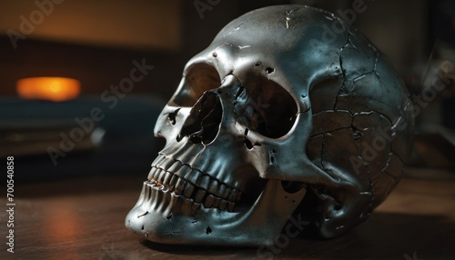  a close up of a metal skull on a table with a cell phone in the background and a blurry image of a book on the table in the background. photo