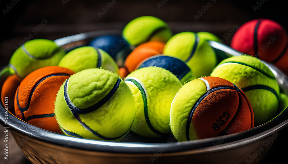 a large silver bowl filled with an assortment of colored tennis balls arranged neatly, capturing the essence of the sport by showcasing its essential equipment of balls in the bowl.