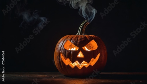  a carved pumpkin with glowing eyes and smoke coming out of it's mouth on a dark surface with smoke coming out of the top of its mouth and a black background.