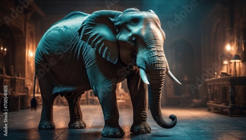  an elephant standing in a dark room with a light shining on it's face and tusks on it's back, with its trunk and tusks curled up.