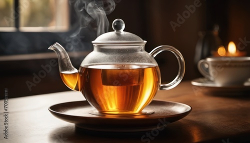  a teapot with steam rising out of it sitting on a saucer next to a cup of tea on a saucer with a saucer on a wooden table.