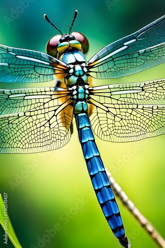 Translucent beauty of a dragonfly's wings, emphasizing their intricate veining and iridescence, background image, generative AI