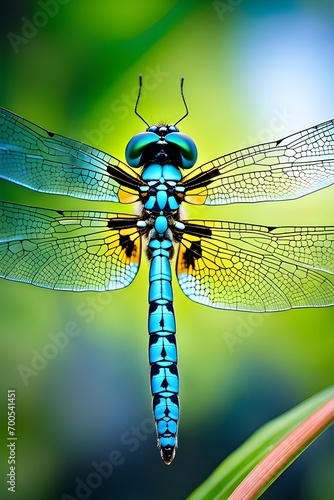 Translucent beauty of a dragonfly's wings, emphasizing their intricate veining and iridescence, background image, generative AI